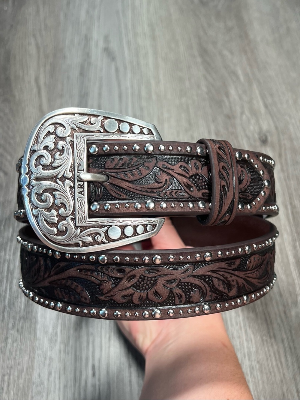 New Ariat Womens Leather Stuffed Belt Brown Size Large Limited Edition Buckle